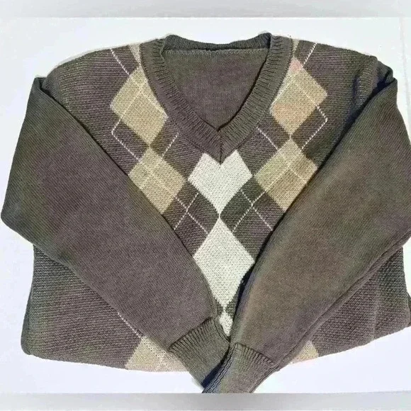 Argyle V-Neck Sweater, Brown, Women’s Size Medium, Baggy Fit, Karwuiio - Picture 5 of 12